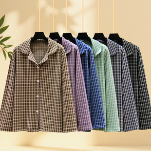 开衫 加厚长袖 家居服 大码 德绒宽松翻领上衣女冬加绒格子睡衣上装