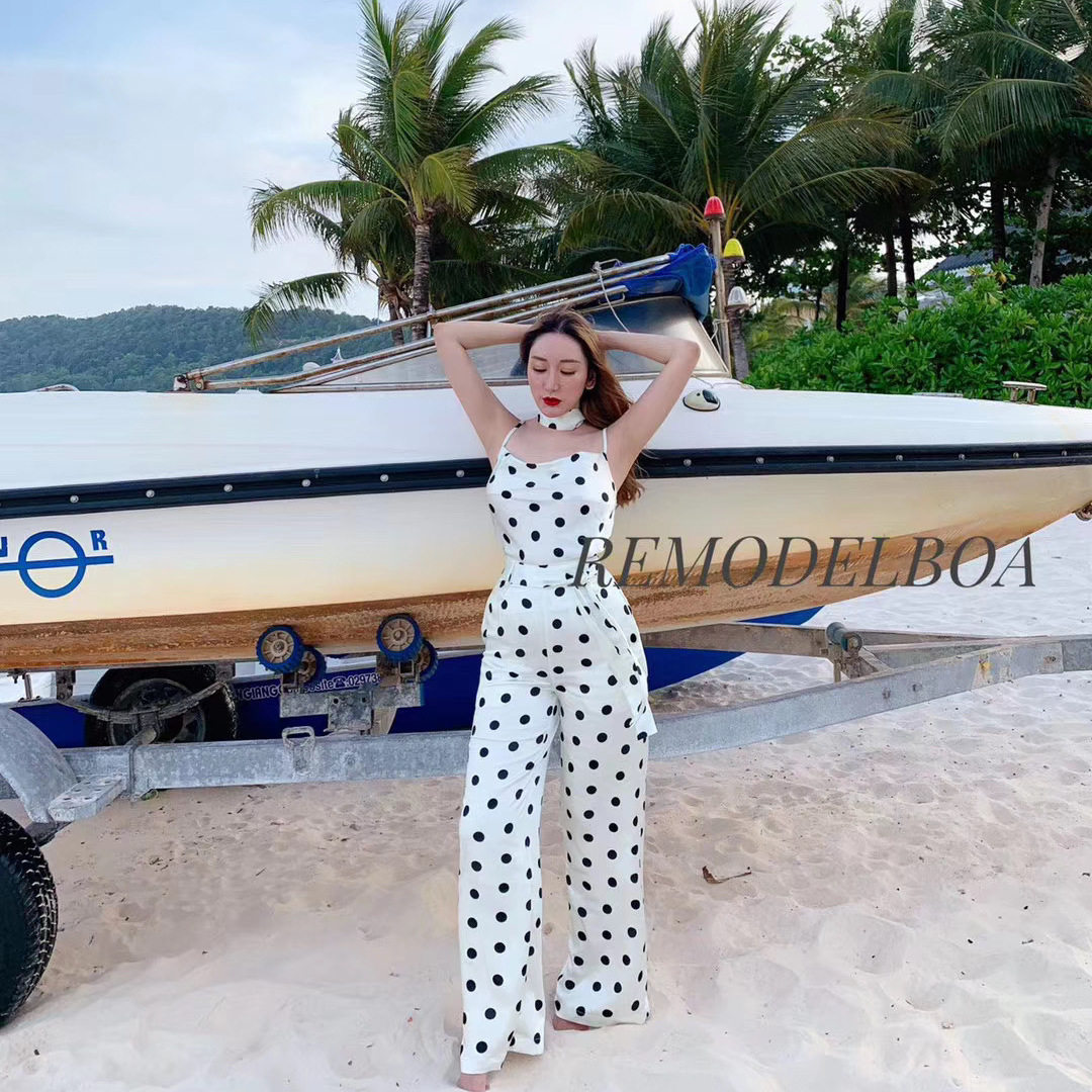 微瑕清货欧美大牌时尚波点性感吊带上衣气质度假旅游阔腿高腰裤