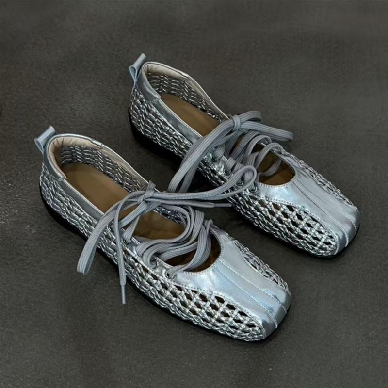 小众复古银色绑带芭蕾舞鞋女2025年新款气质浅口单鞋方头玛丽珍鞋
