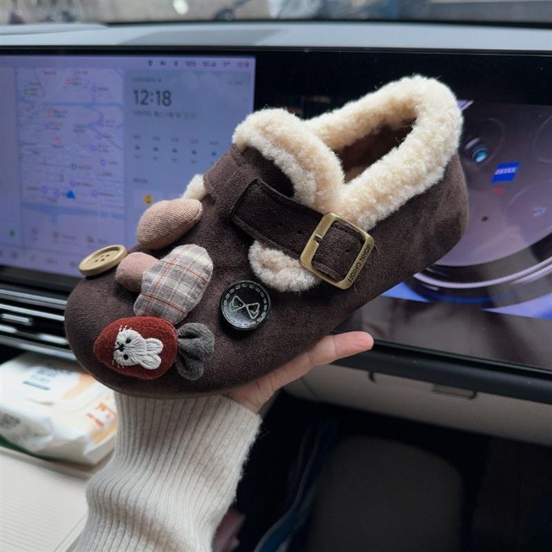 围巾小熊全包加绒勃肯鞋女2025冬季新款一脚蹬毛毛鞋厚底复古单鞋
