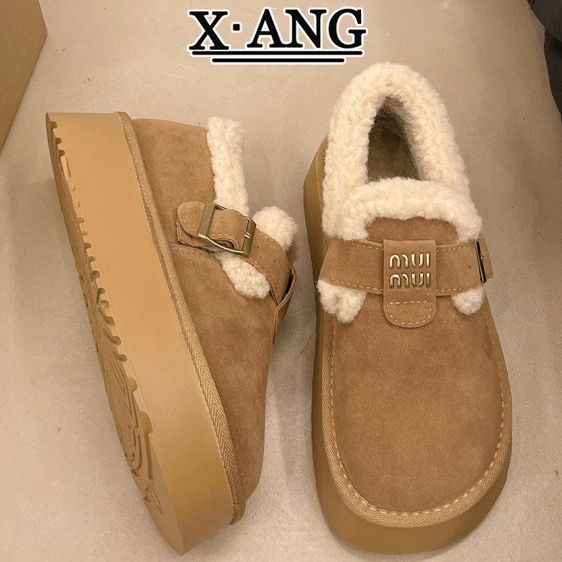 真皮厚底勃肯鞋女加绒加厚保暖棉鞋一脚蹬毛毛鞋冬季面包鞋子女鞋