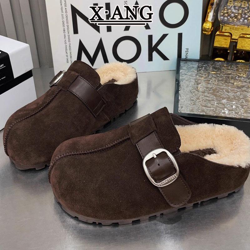 牛皮版厚底勃肯鞋羊羔毛毛鞋女棉拖鞋2025新款秋冬包头半拖鞋外穿