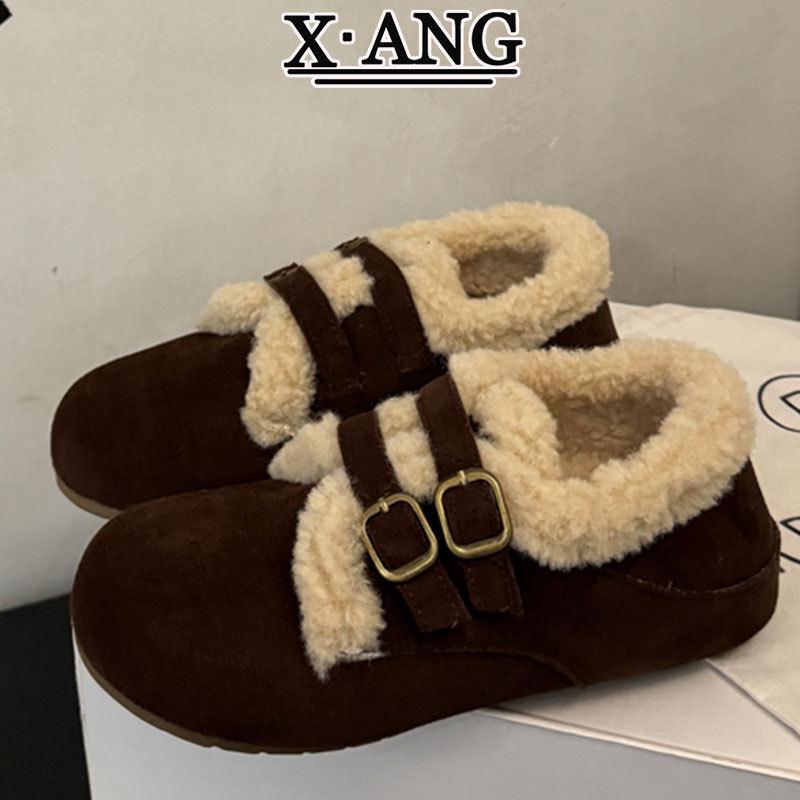 牛皮版全包毛茸茸勃肯鞋子女鞋加绒加厚保暖棉鞋羊羔毛毛鞋乐福鞋