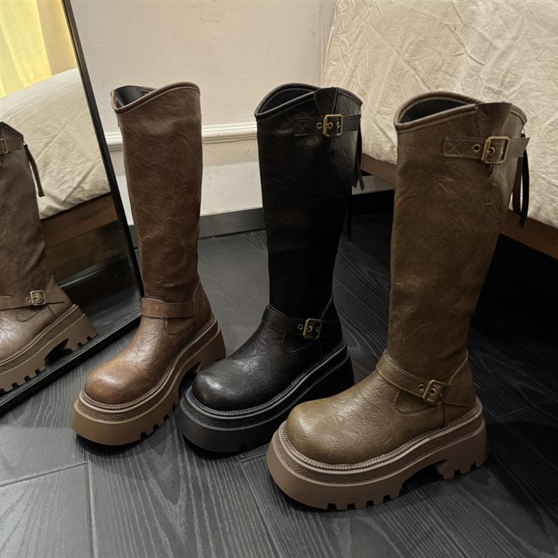 7cm厚底长筒骑士靴女加绒2025冬新款小个子增高复古不过膝高筒靴