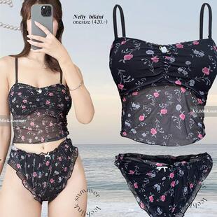 高级感韩国ins碎花纯欲小香风抹胸分体温泉度假游泳衣女士比基尼