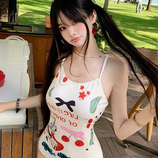 性感露背连体泳装 泳衣女2026新款 甜美可爱少女卡通图案吊带竞速款