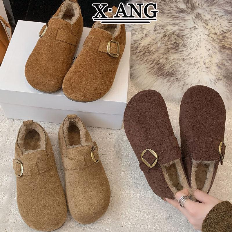 牛皮版全包勃肯鞋子女加绒加厚保暖棉鞋一脚蹬雪地靴毛毛鞋乐福鞋