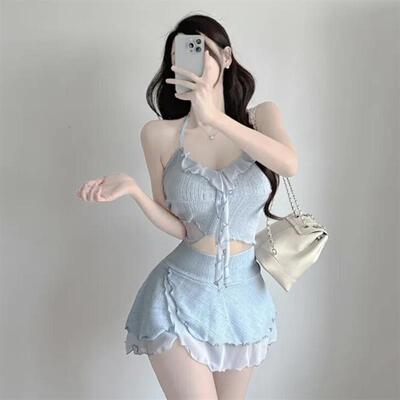 泳衣女2026新款纯欲小香风仙女保守平角裤显瘦分体泳装swimsuit