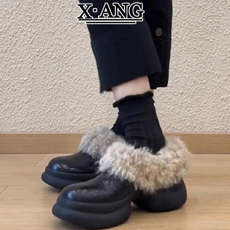 羊皮版厚底粗跟乐福鞋子女鞋玛丽珍鞋小皮鞋加绒保暖棉鞋毛毛鞋子