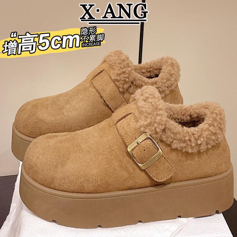 真皮全包勃肯鞋女加绒加厚保暖雪地靴厚底棉鞋一脚蹬羊羔毛毛鞋子