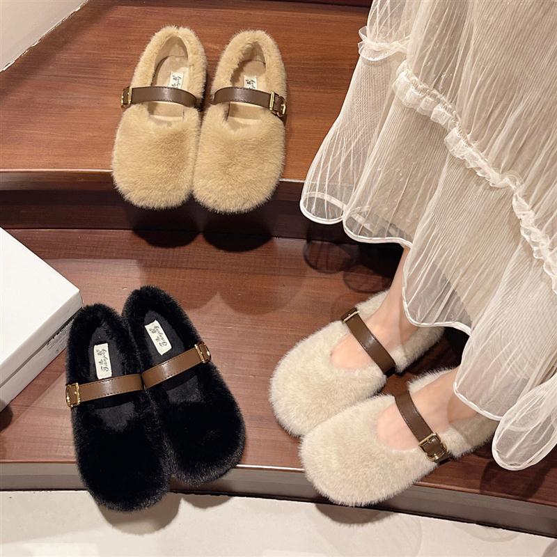 法式毛毛鞋女外穿2025秋冬新款一脚蹬加绒毛绒玛丽珍豆豆单鞋棉鞋