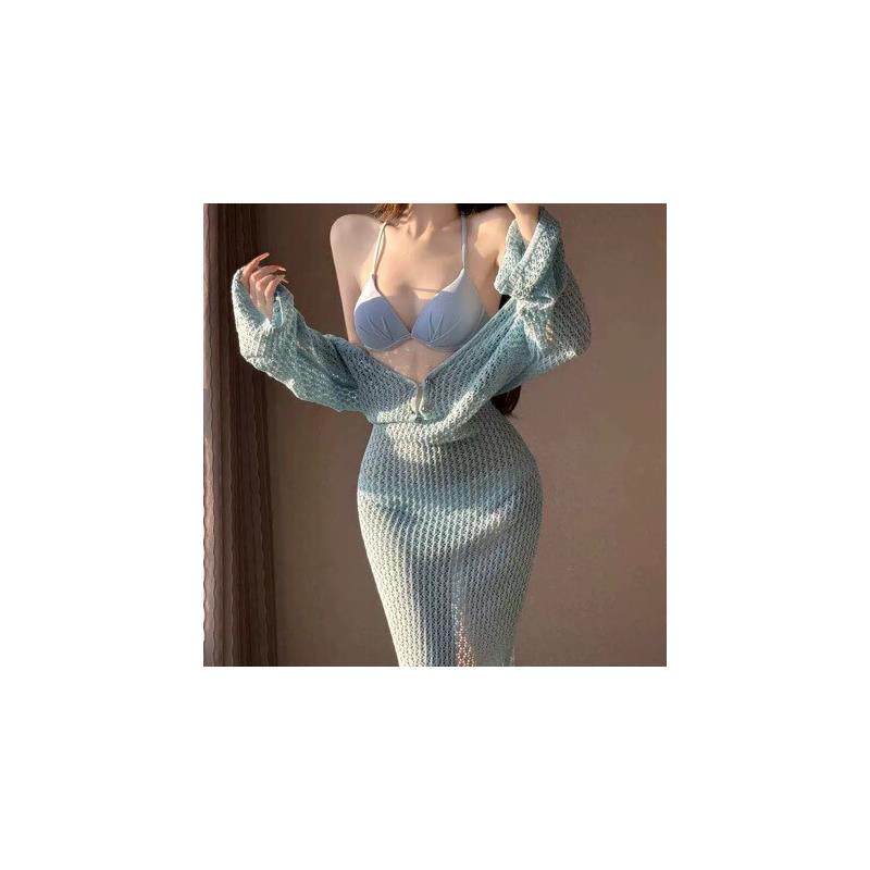 欧美夏季新款沙滩裙女纯色性感针织镂空沙滩比基尼泳衣罩衫防晒