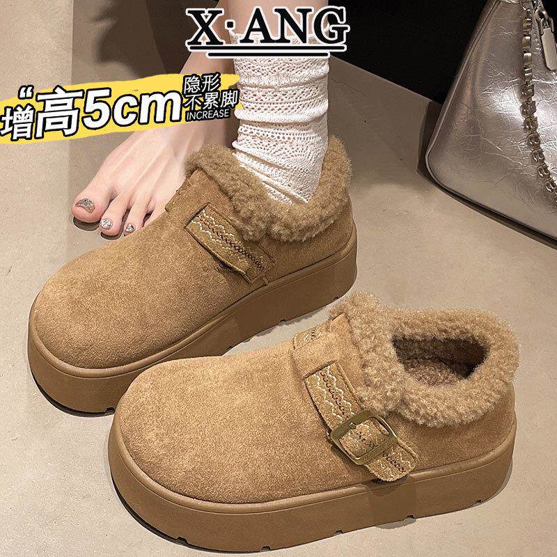 牛皮版5cm增高厚底全包勃肯鞋女冬季加绒加厚保暖棉鞋羊羔毛毛鞋