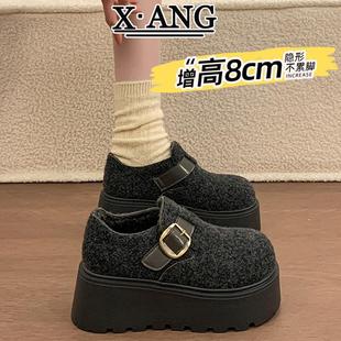 8cm厚底增高小个子女鞋全包勃肯鞋加绒加厚保暖棉鞋一脚蹬乐福鞋