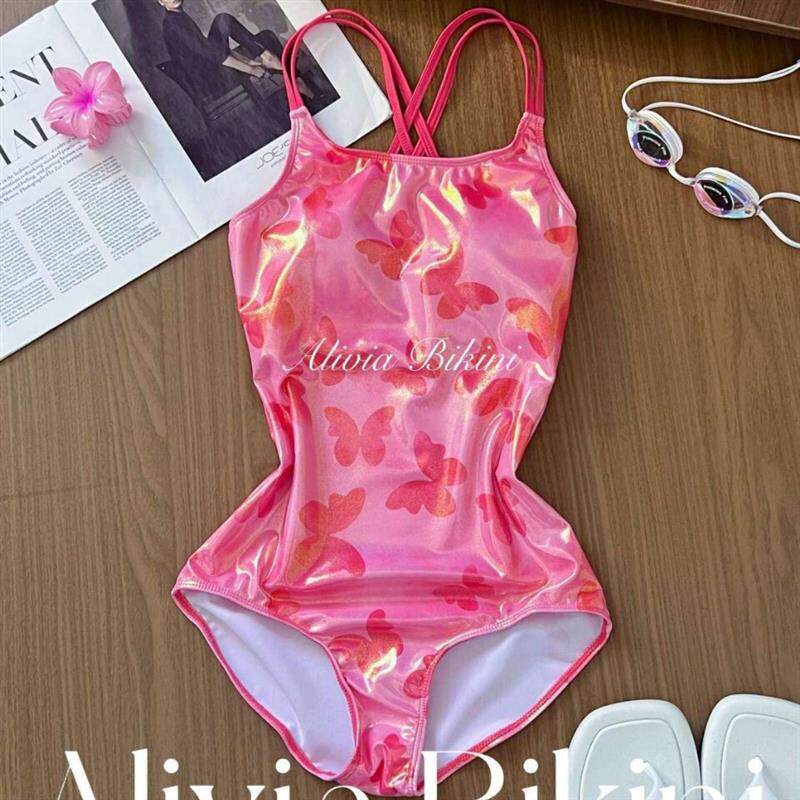 2026蝴蝶印花竞速连体泳衣女粉色系专业比赛竞技泳衣低开叉