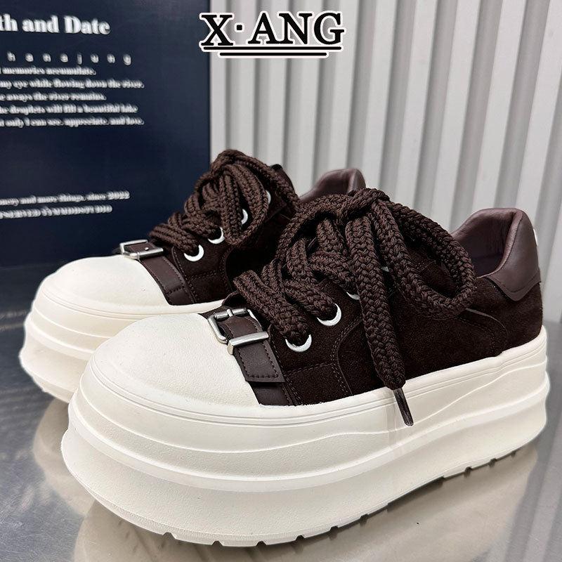 牛皮版松糕厚底增高小个子女鞋2025新款秋季运动鞋女款板鞋小白鞋