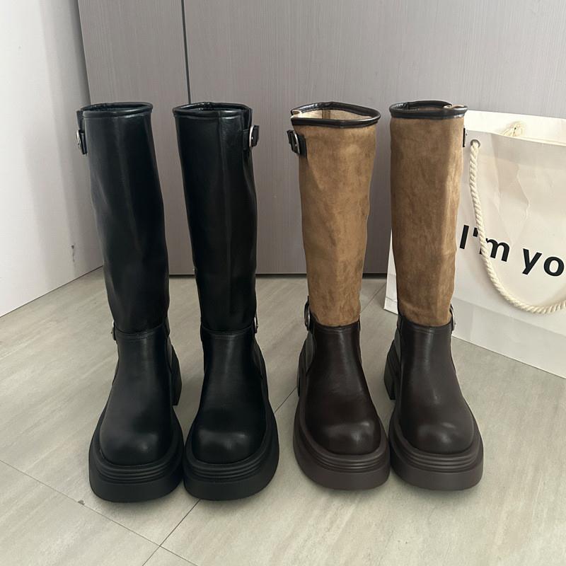 明星同款长筒靴女不过膝2025秋季新款百搭靴子拼接骑士靴堆堆靴
