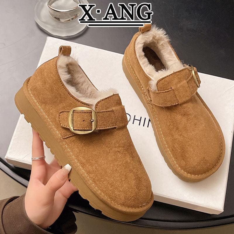 真皮全包勃肯鞋女一脚蹬乐福鞋毛毛鞋加绒加厚保暖棉鞋羊毛雪地靴