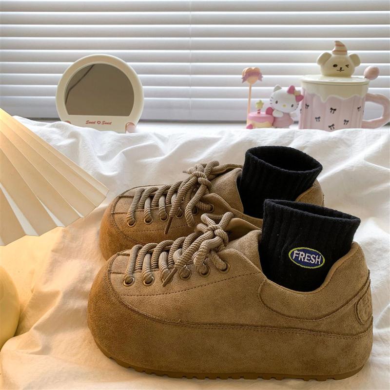 丑萌大头平底内增高勃肯鞋女2025秋季新款复古系带小个子乐福单鞋