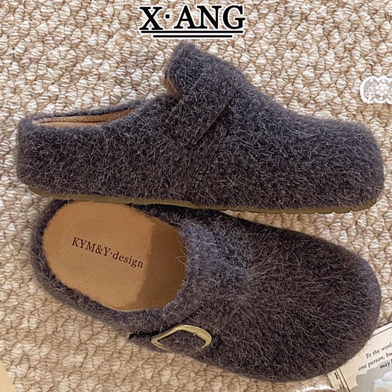 真皮勃肯鞋厚底外穿包头半拖鞋2025秋冬季新款一脚蹬懒人鞋毛毛鞋