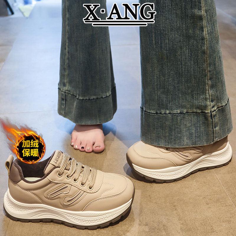 真皮厚底阿甘鞋子女鞋休闲运动鞋女款2025新款秋冬加绒保暖棉鞋子
