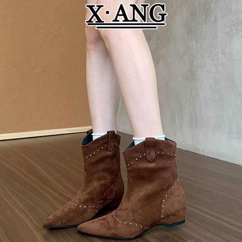 牛皮V口内增高棕色短靴子女马丁靴2025秋冬新款弹力瘦瘦靴中筒靴