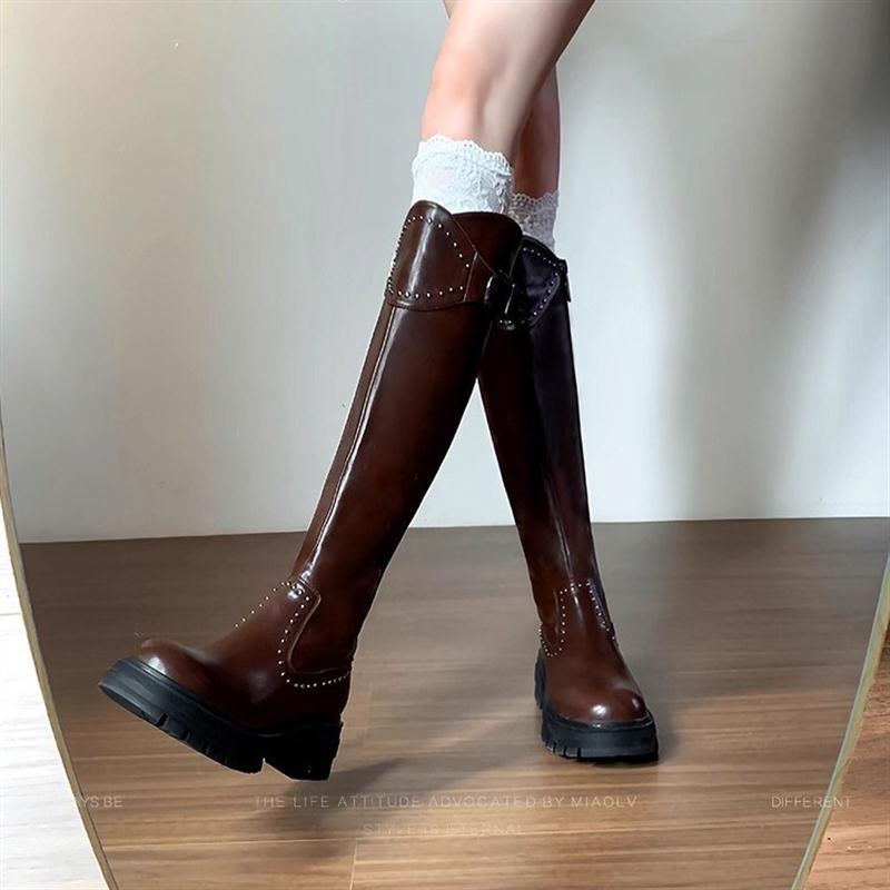 俏妃菲朋克赛博2025不过膝靴子女显瘦长筒靴高筒靴秋冬加绒骑士靴