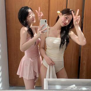 防走光裙 纯色简约复古吊带连体泳衣女度假沙滩泳装 跨境韩版 新款