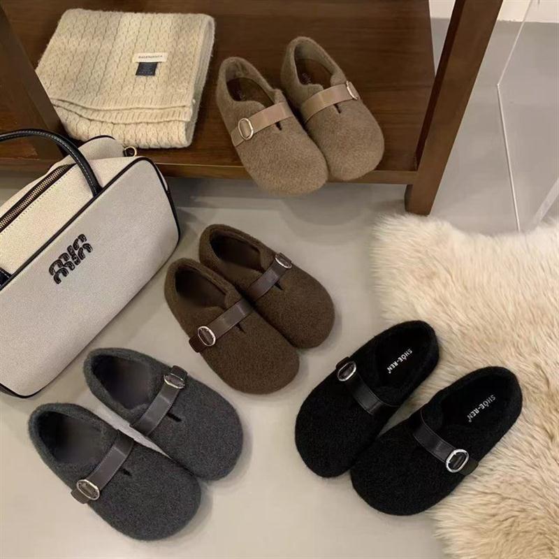 羊皮版~黑色毛毛鞋女冬外穿加绒保暖懒人一脚蹬棉鞋平底豆豆单鞋