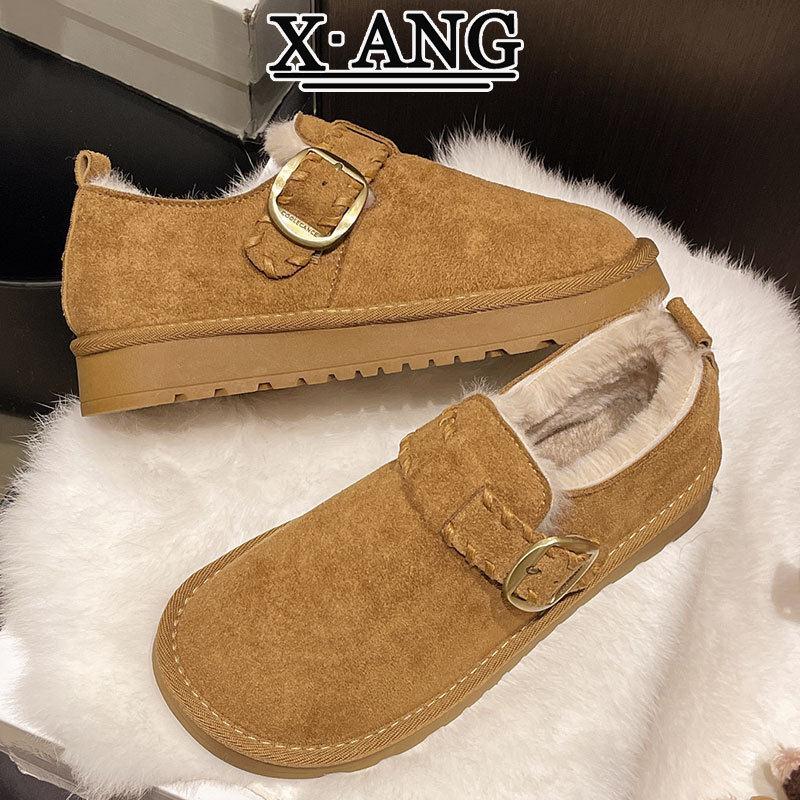 牛皮全包勃肯鞋女加绒加厚保暖棉鞋冬季羊毛雪地靴一脚蹬毛毛鞋子