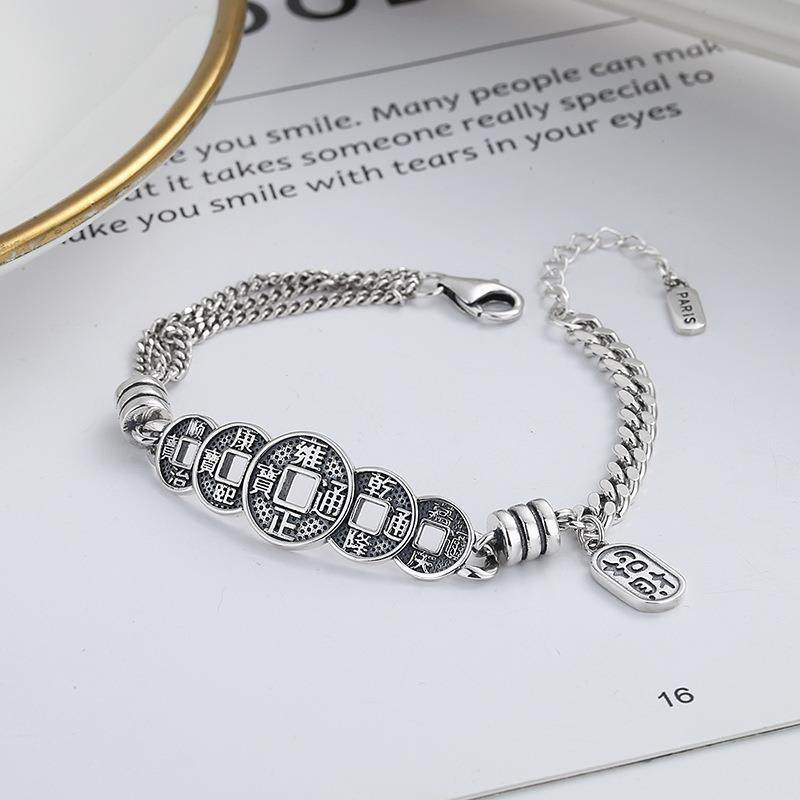 手饰复古做旧泰银工艺拼接链五帝铜钱创意招财手链