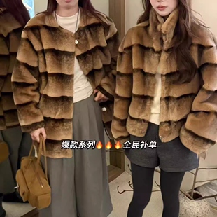 雪山晕染仿獭兔毛毛双色渐变手工渲染高级感宽松外套女短款立领冬