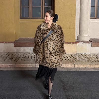 笑笑同款豹纹环保皮草中长款外套女2025新款秋冬加厚超火毛毛大衣