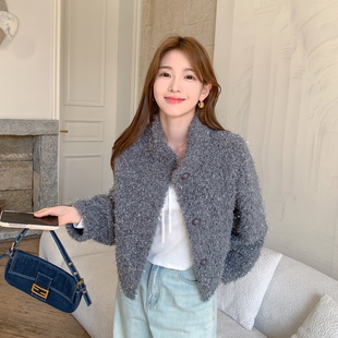 秋冬新款仿羊毛皮草外套女短款时尚年轻皮毛一体亮丝环保毛毛开衫