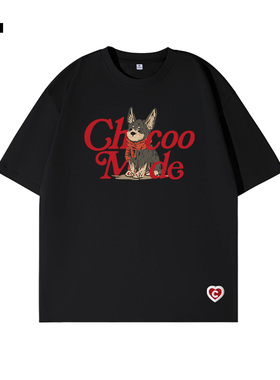 it:CHOCOOLATE黑色宽松短袖t恤女夏新款杜宾涂鸦印花小众设计上衣
