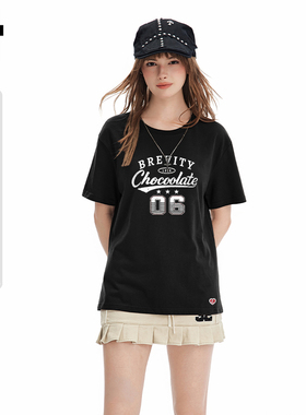 it:CHOCOOLATE黑色宽松短袖T恤女夏爆款时尚洋气美式潮流圆领上衣