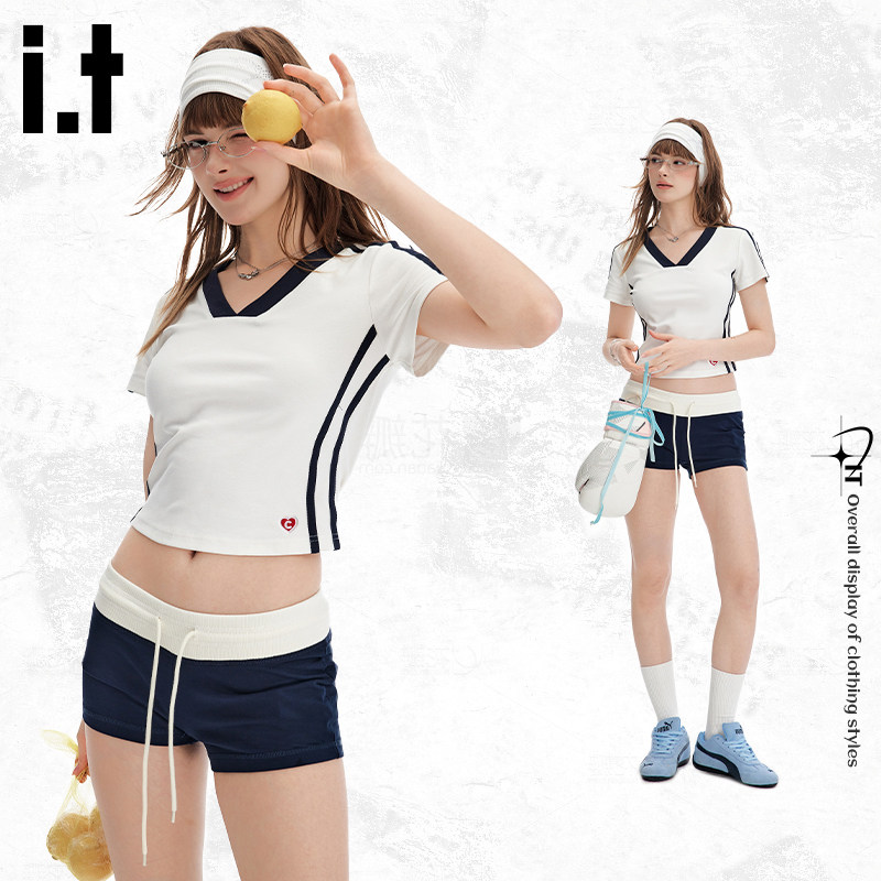 it:CHOCOOLATEV领撞色短款T恤女2025新款小个子穿搭修身显高短袖