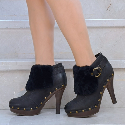 GGCC秋冬季短靴1149Y3头层牛皮羊毛套筒铆钉高跟真皮女鞋女靴欧美