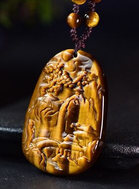 天然木变石安居乐业山水吊坠玉石挂件虎睛石松树挂件玉牌子项链坠