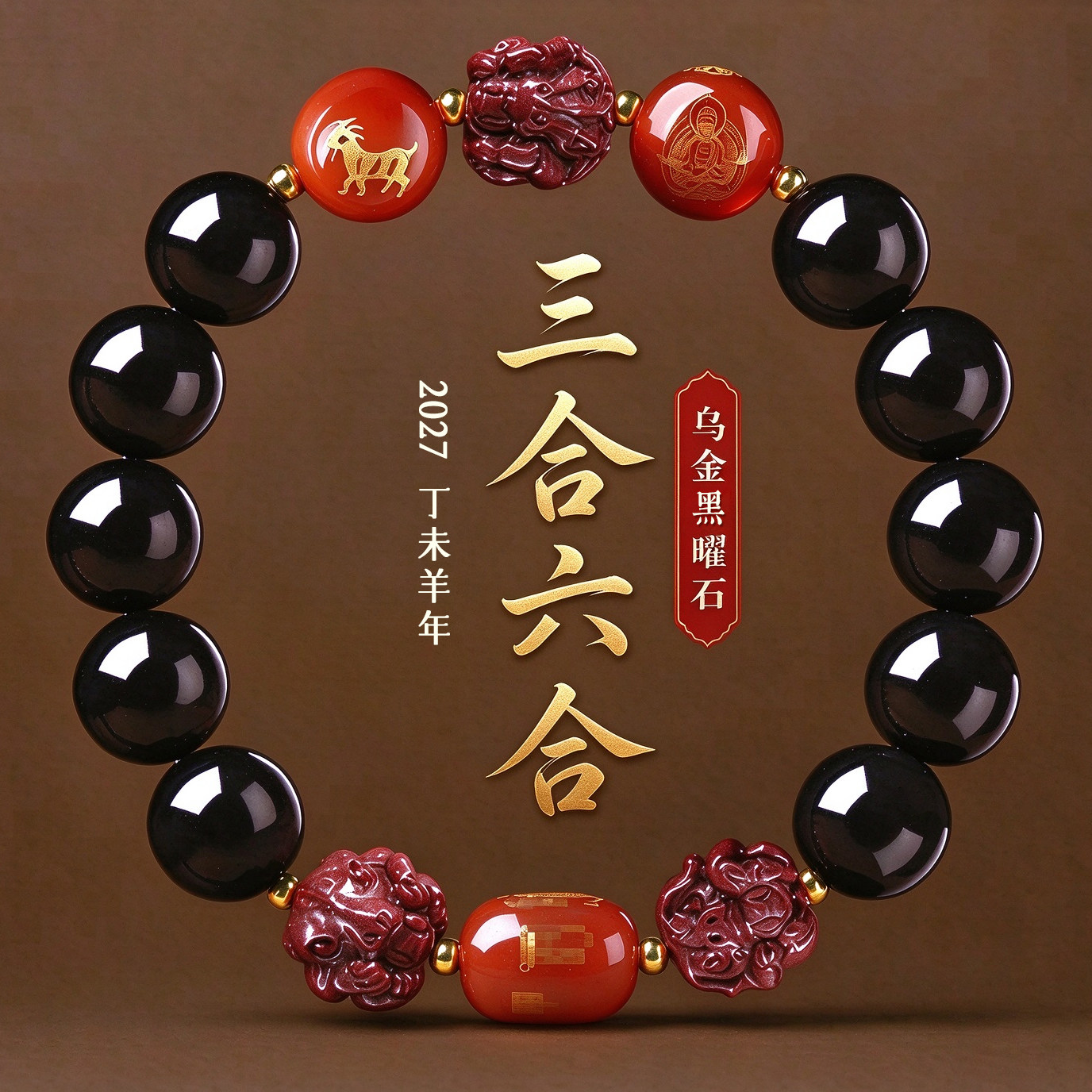 正品天然黑曜石手串女款朱砂三合六合佛珠手串本命年守护神手链男
