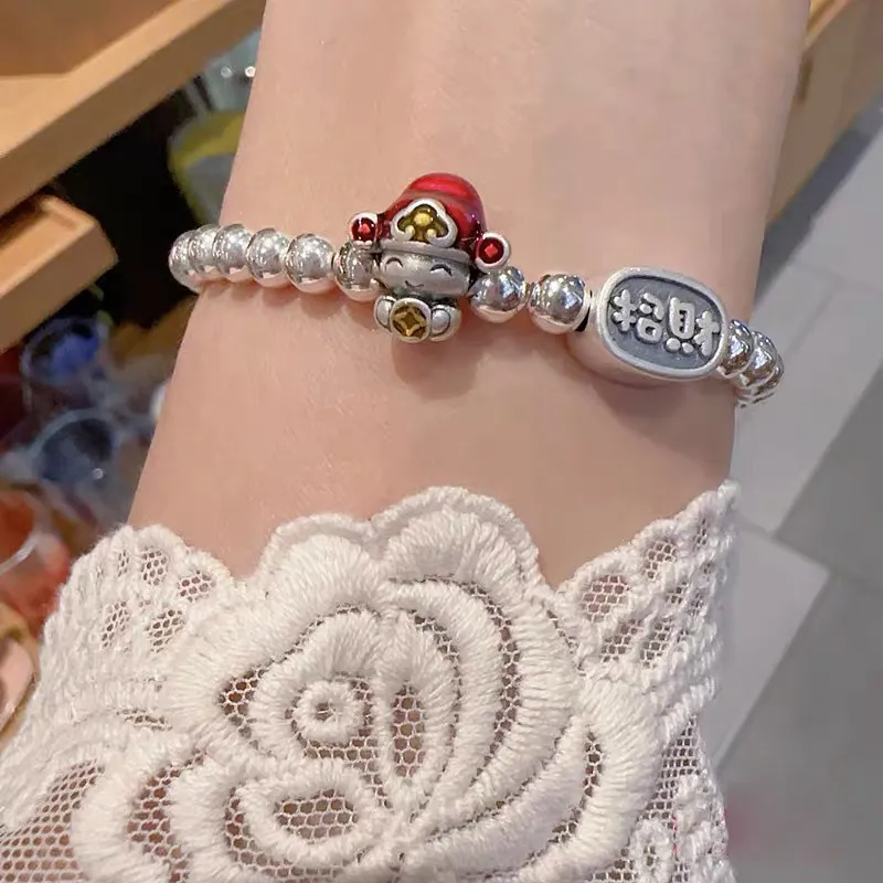 S925纯银新年小财神爷招财纳福纯银手链滴釉工艺女发财银珠手串