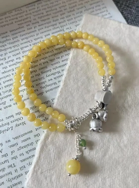 s925铃兰花竹节蜜蜡双圈手串弹力小众复古手链新中式国潮高级感