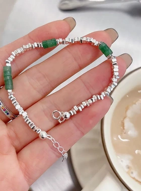 s925纯银东陵玉碎银子手链女生手环手工同款饰品女