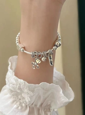 复古马上有钱银手链S925纯银女圆柱弹力手工单圈平安手串生日礼物