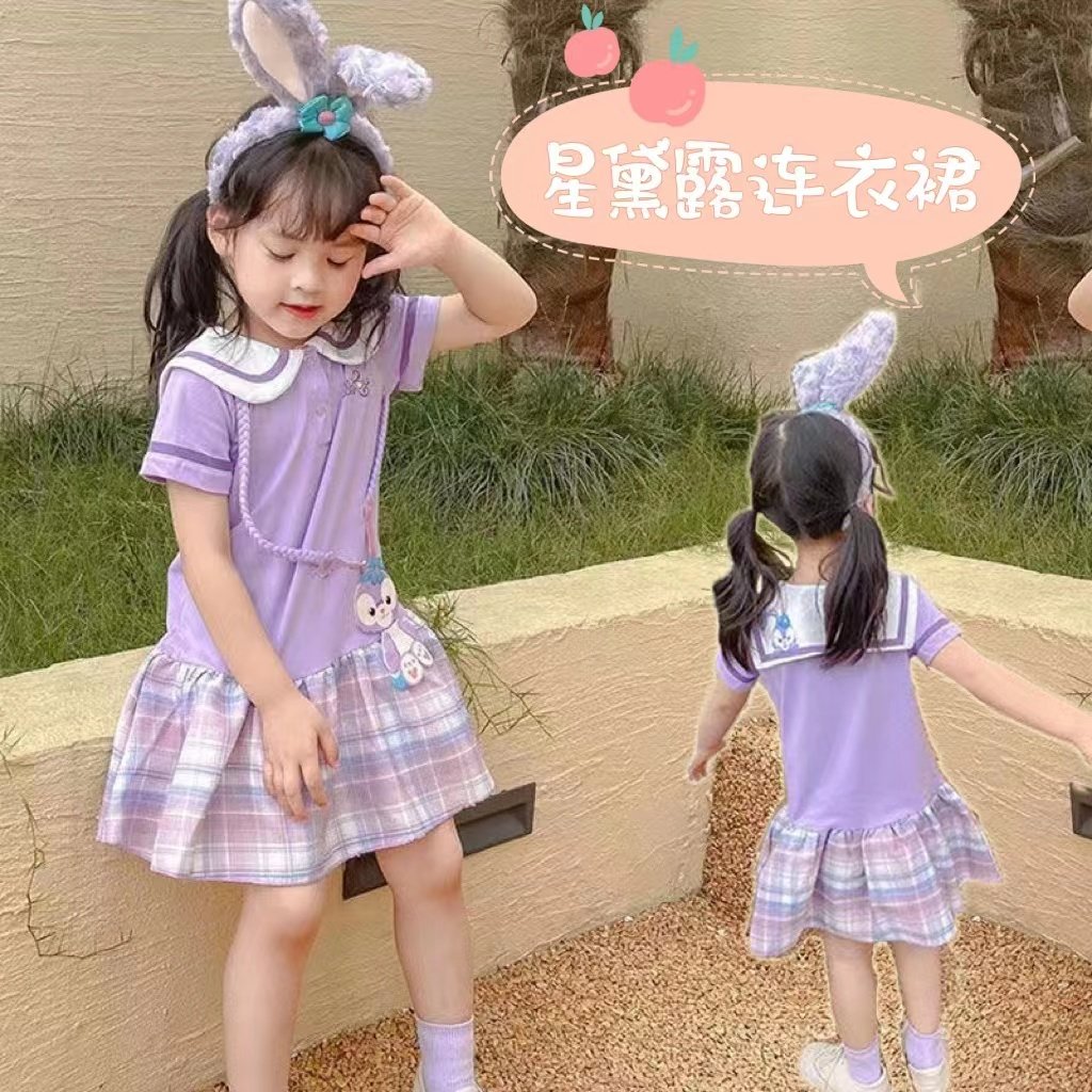 女童连衣裙星黛露学院风JK格子裙小女孩夏季韩版卡通假两件兔子裙