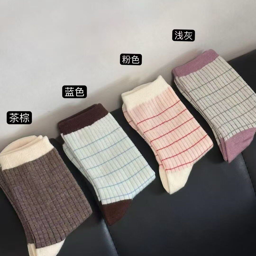 软糯好舒服~秋冬女袜韩国ins莫兰迪条纹中筒袜子保暖女士堆堆