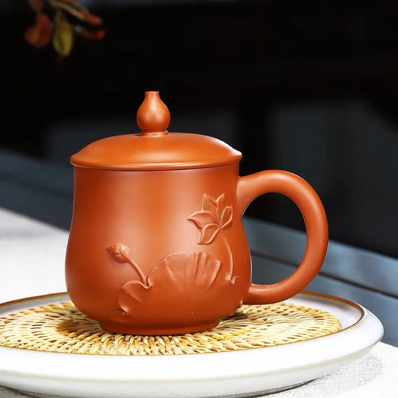 宜兴原矿朱泥泡茶喝水带盖紫砂杯