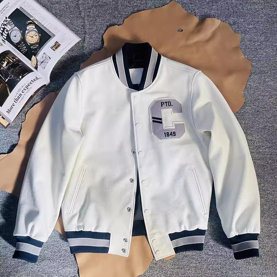 高端白色翻领秋冬小牛皮夹克刺绣机车宽松真皮棒球服日系休闲外套