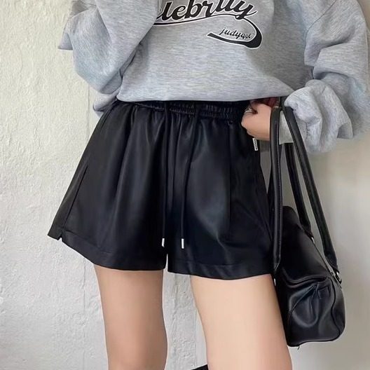 抽绳高腰压褶皮短裤女秋冬2025