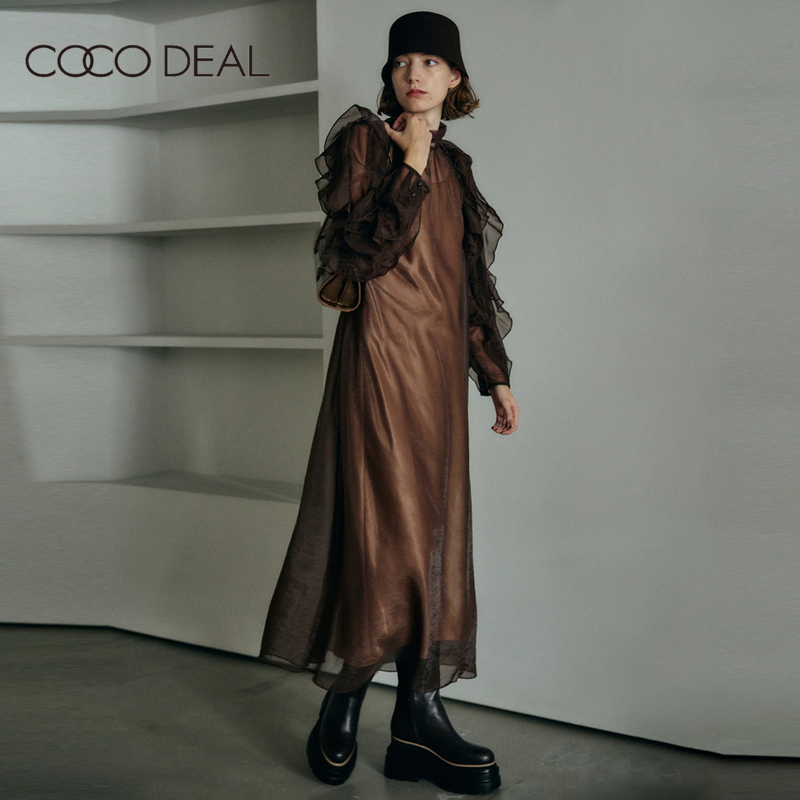 COCO DEAL 23新款欧根纱荷叶边长袖背心连衣裙两件套装女73615380